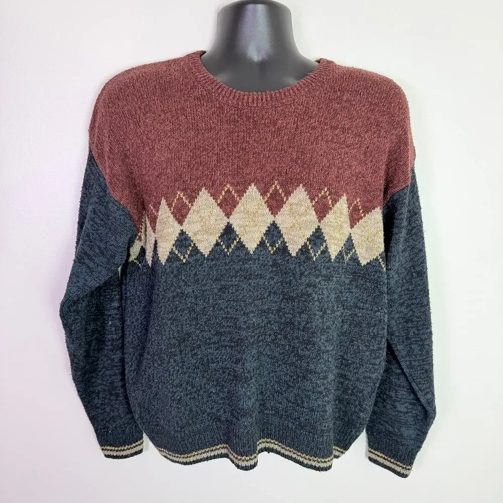 Vintage 90s Hunt Club Argyle Crewneck Sweater Men's Med Silk Cotton Grandpacore - Picture 2 of 11